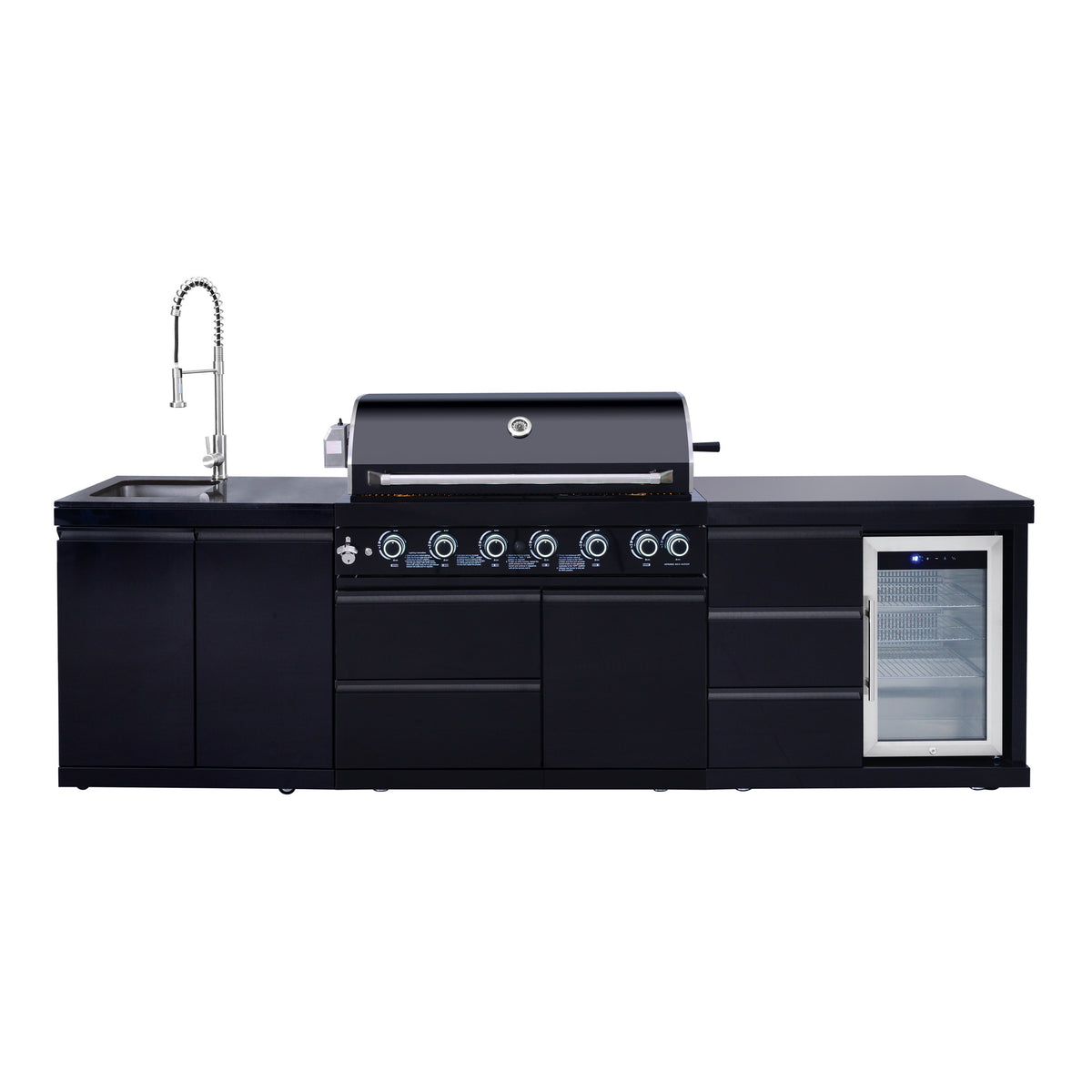 【Freight 2048 Bee Ridge Rd Sarasota Florida】Outdoor Kitchen Island 114 Inch 6 Burner Propane Gas BBQ Grill 83500 BTU 304 Stainless Steel Black Color With CSA, ETL Certification + Sink + Refrigerator