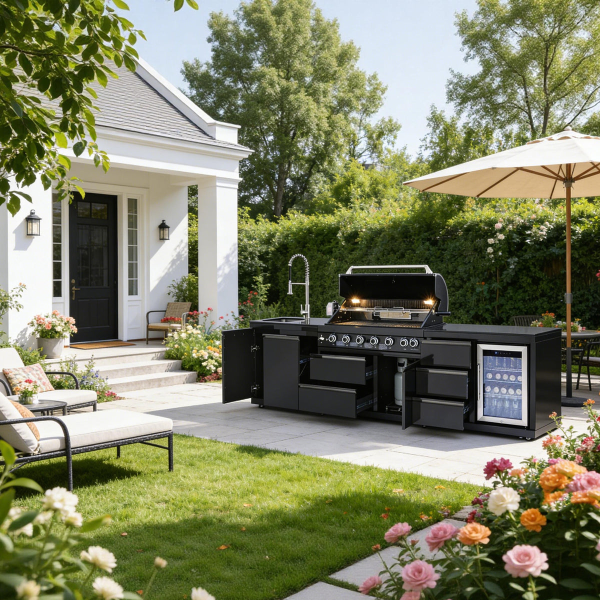【Freight 2048 Bee Ridge Rd Sarasota Florida】Outdoor Kitchen Island 114 Inch 6 Burner Propane Gas BBQ Grill 83500 BTU 304 Stainless Steel Black Color With CSA, ETL Certification + Sink + Refrigerator