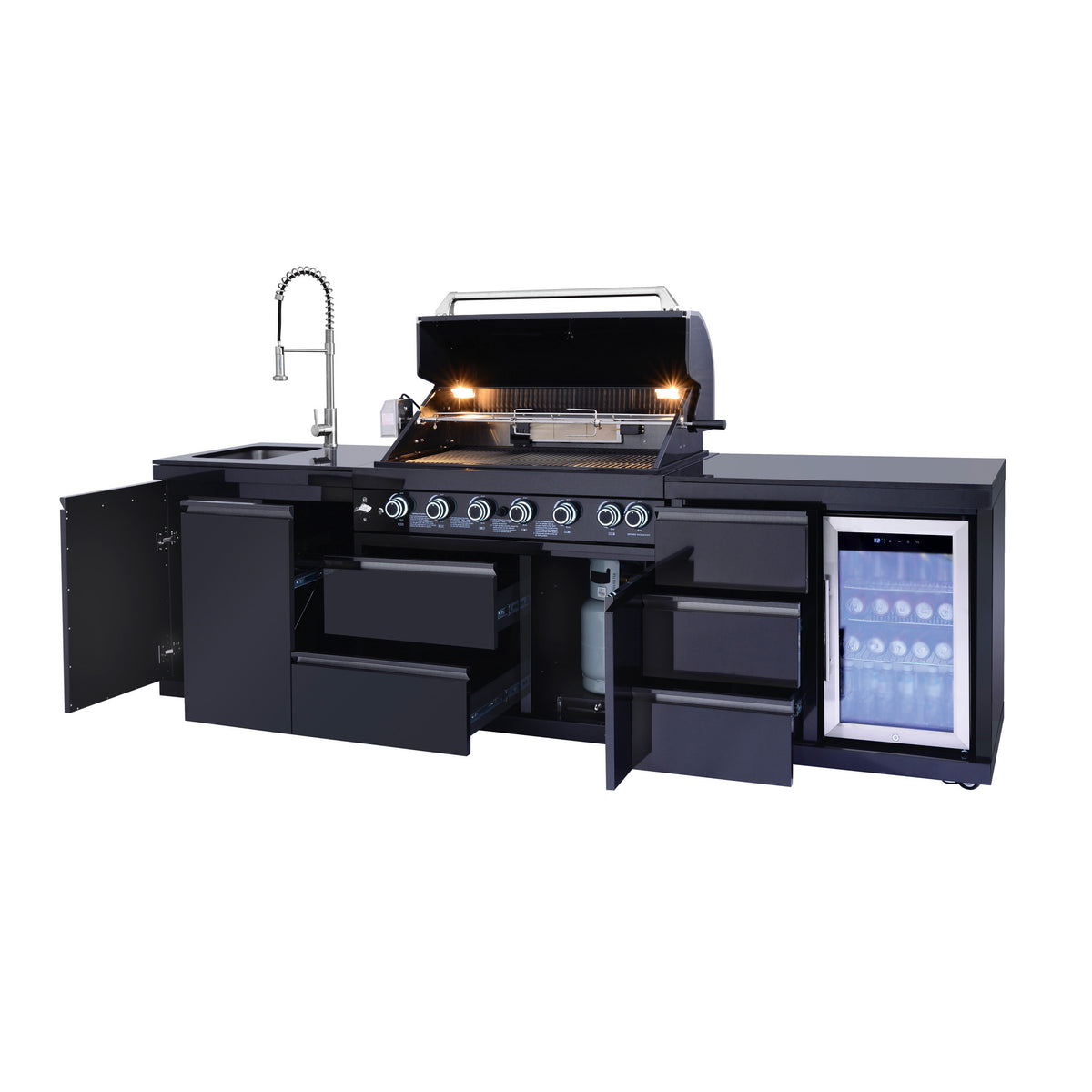【Freight 2048 Bee Ridge Rd Sarasota Florida】Outdoor Kitchen Island 114 Inch 6 Burner Propane Gas BBQ Grill 83500 BTU 304 Stainless Steel Black Color With CSA, ETL Certification + Sink + Refrigerator