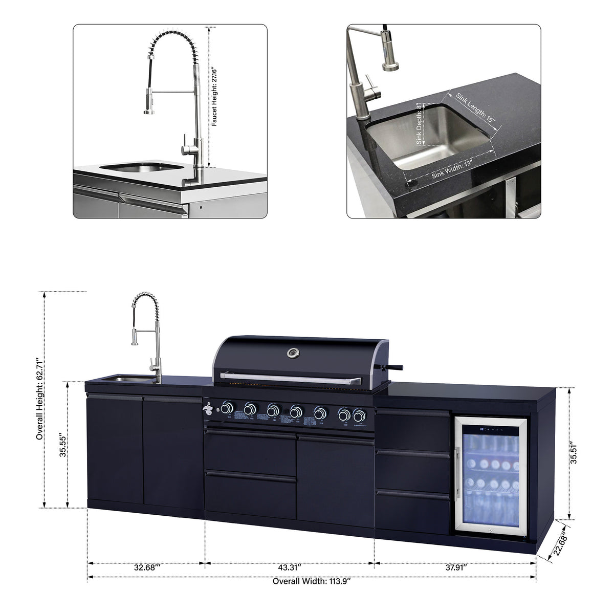 【Freight 2048 Bee Ridge Rd Sarasota Florida】Outdoor Kitchen Island 114 Inch 6 Burner Propane Gas BBQ Grill 83500 BTU 304 Stainless Steel Black Color With CSA, ETL Certification + Sink + Refrigerator