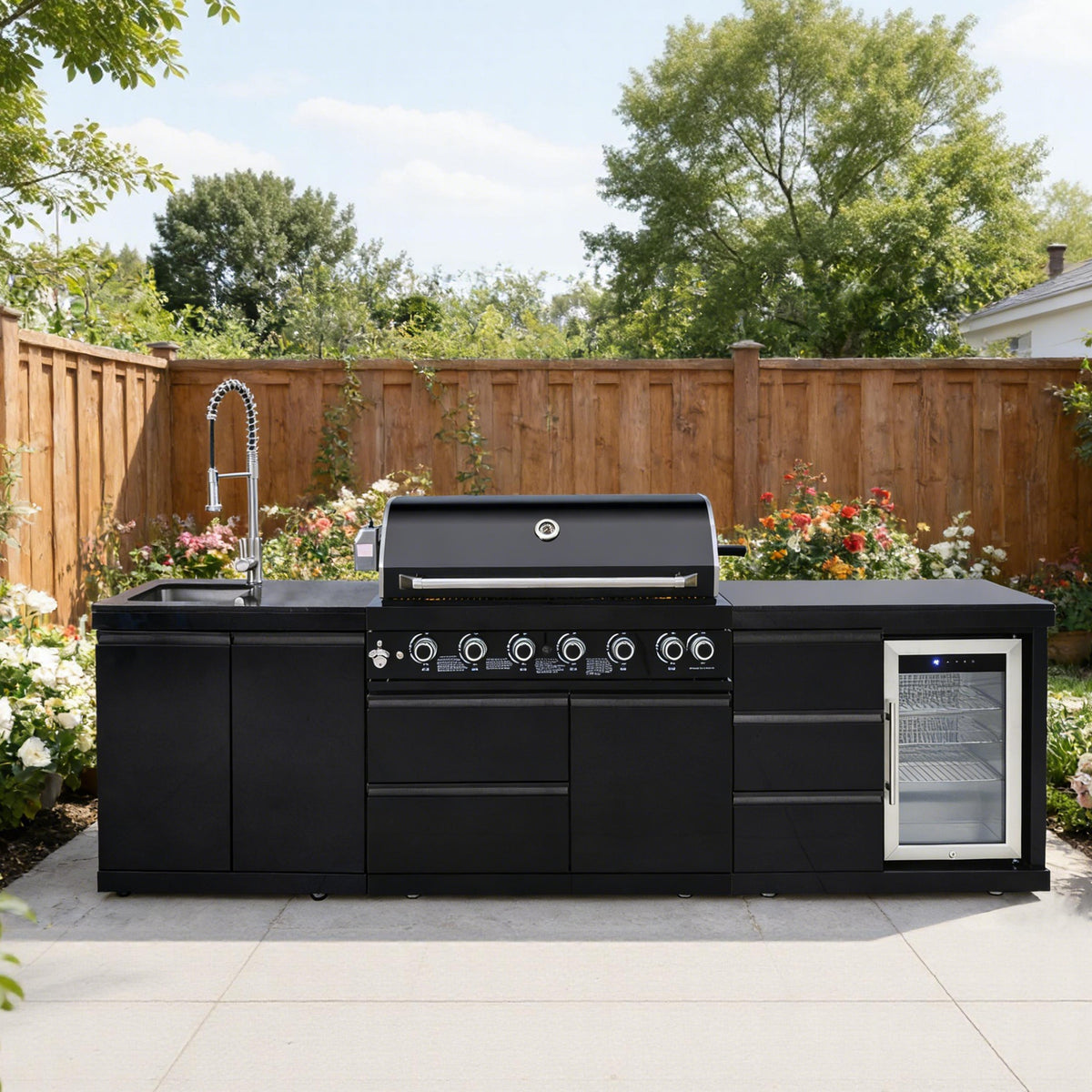 【Freight 2048 Bee Ridge Rd Sarasota Florida】Outdoor Kitchen Island 114 Inch 6 Burner Propane Gas BBQ Grill 83500 BTU 304 Stainless Steel Black Color With CSA, ETL Certification + Sink + Refrigerator